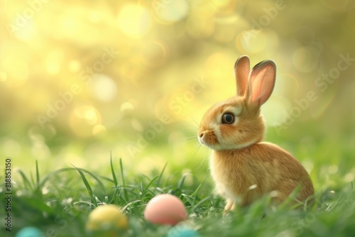 Small rabbit sitting in the grass with easter eggs