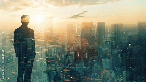 businessman standing against a blurred cityscape background. business financial corporate modern wallpaper