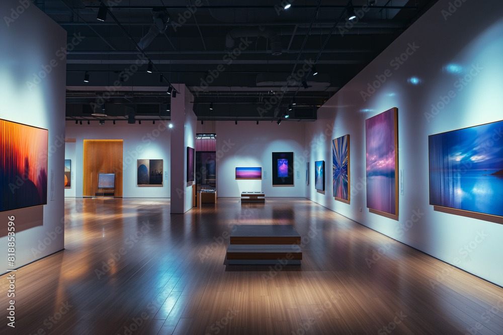 high-end art gallery devoid of people showcasing luxurious decor and premium artwork