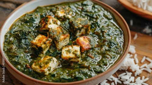 Delicious palak paneer with creamy spinach and chunks of paneer, served with rice