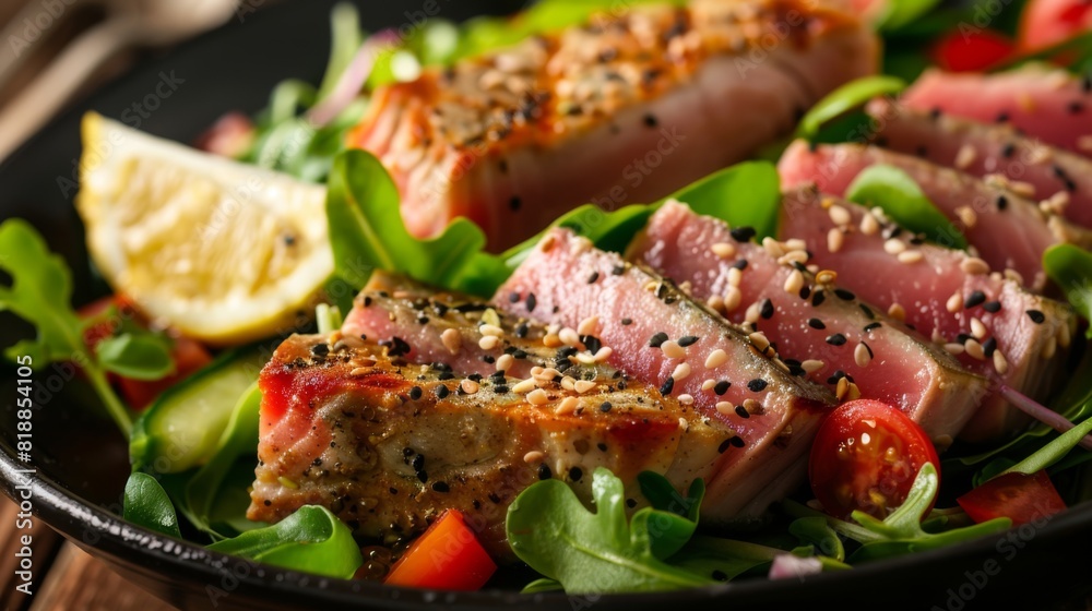Delicious tuna steak seared to perfection, served with a fresh salad