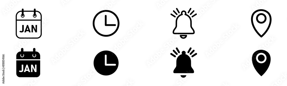 Calendar date, geolocation home icon. Notification bell icon. Stopwatch timer icon. Date Calendar icon. edit pen icon - web icon set Calendar date, geolocation home icon. Notification bell icon. Stopwatch timer icon. Date Calendar icon. edit pen icon - web icon set