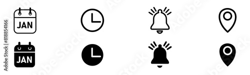 Calendar date, geolocation home icon. Notification bell icon. Stopwatch timer icon. Date Calendar icon. edit pen icon - web icon set