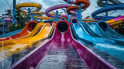 Empty summer water ride theme park colorful waterslides © Iqra Iltaf