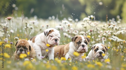 Bulldog puppies among flowers in the meadow photo