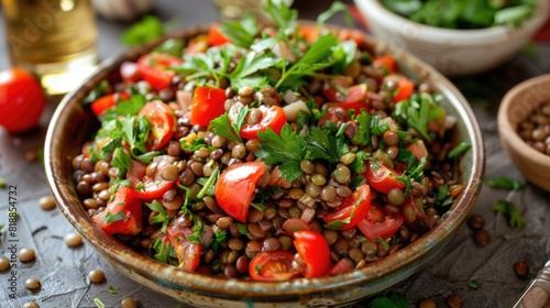 Bundle of moroccan harira salad with lentils and tomatoes
