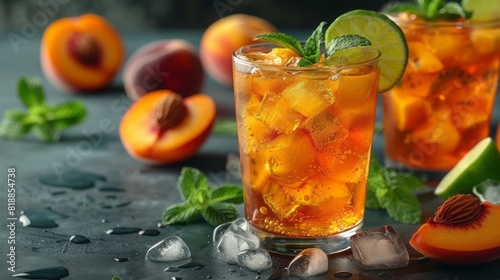 Homemade peach ice tea with ice, lime and mint in the glass