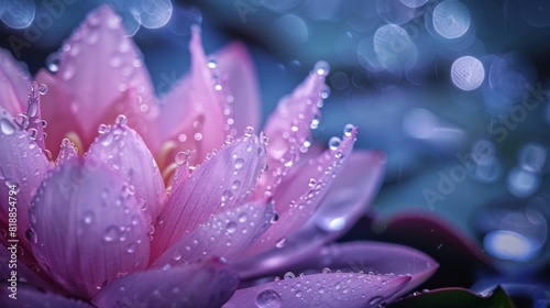 Dewdrops clinging to the edges of a blooming lotus flower in a peaceful garden setting