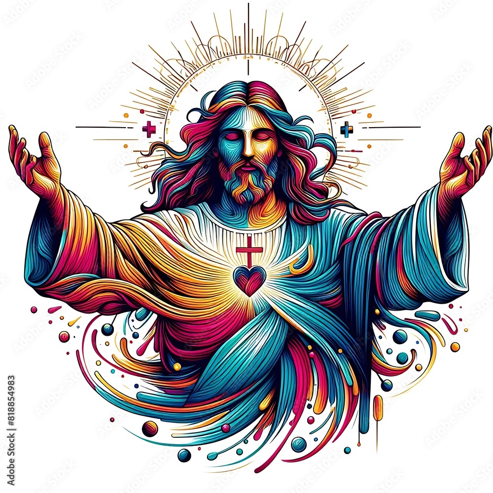 A colorful drawing of a jesus christ with his arms out has illustrative attractive meaning attractive.