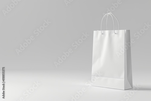 A plain white paper bag with twisted handles against a light grey background. Paper Bag market mockup. Eco friendly shop