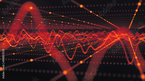 Technology background. Abstract circular wave of particles. Futuristic abstract waves, glowing mesh curves, dynamic flow. Visualization of sound waves. Diagram. 3D vector