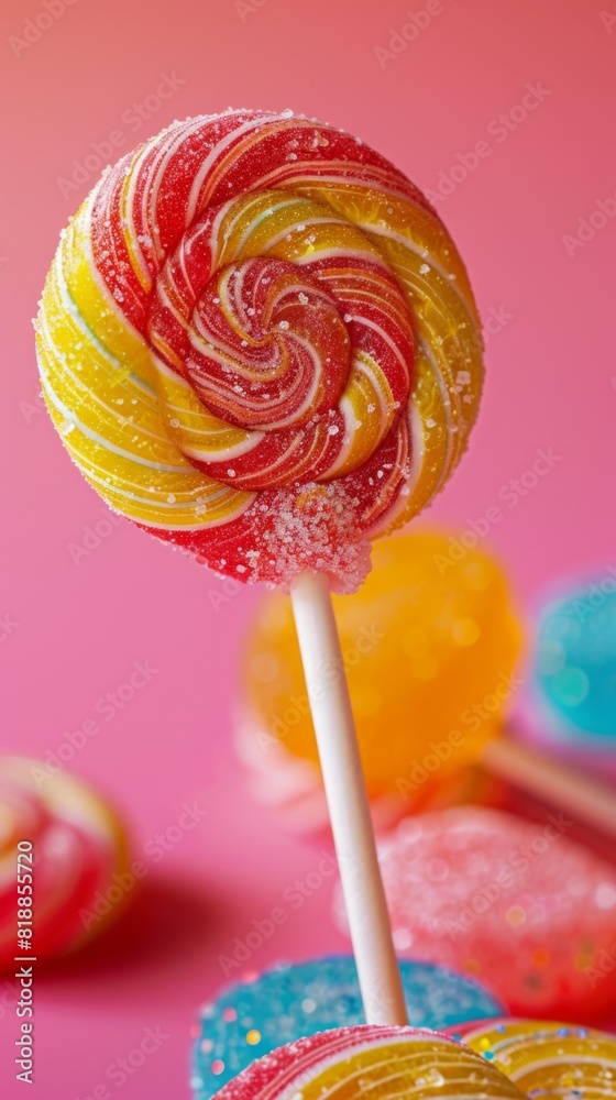 Brightly colored lollipops on a stick on a pink surface