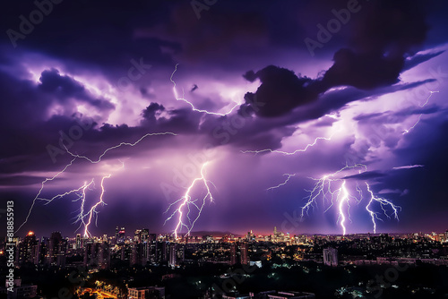 night storm with lightning bolts illuminating the city