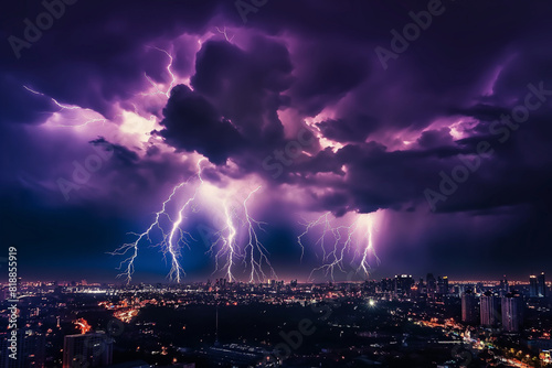 intense lightning striking over a city during a storm