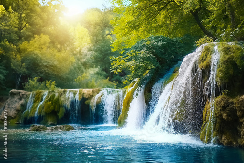 cascading waterfalls surrounded by lush forest and rocks