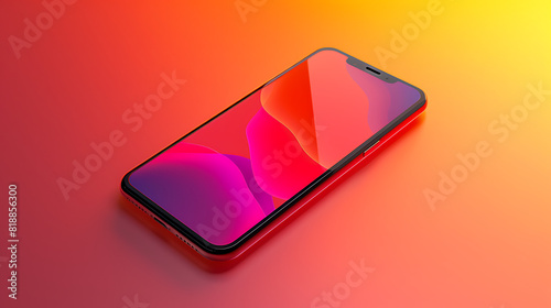 Modern 3D smartphone with a gradient background from red to orange, showcasing its design