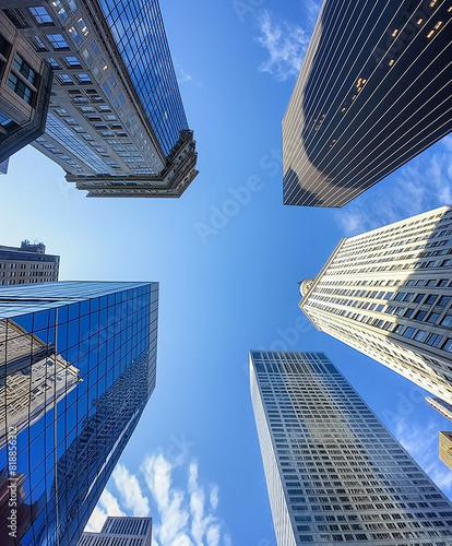 financial district skyscrapers from below
