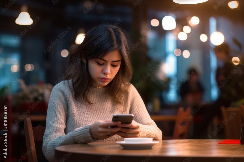 frustrated and sad young woman texting on her phone while sitting in cafe.