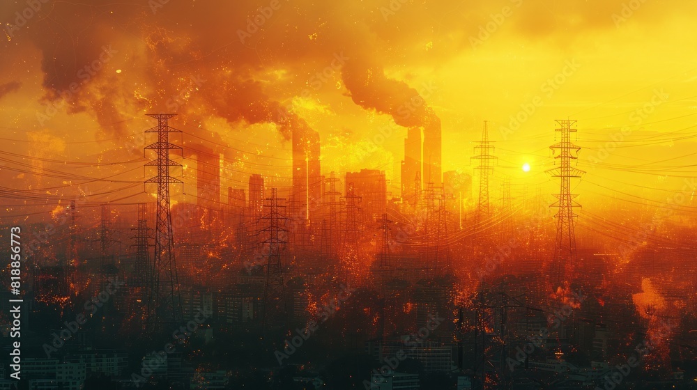 Impression network at transformer station in sunrise, high voltage up to yellow sky take with yellow tone, horizontal frame Impression network at transformer station in sunrise, high voltage up to yellow sky take with yellow tone, horizontal frame