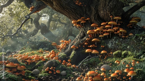 Enchanting scene of mushrooms growing abundantly around the base of an old tree
