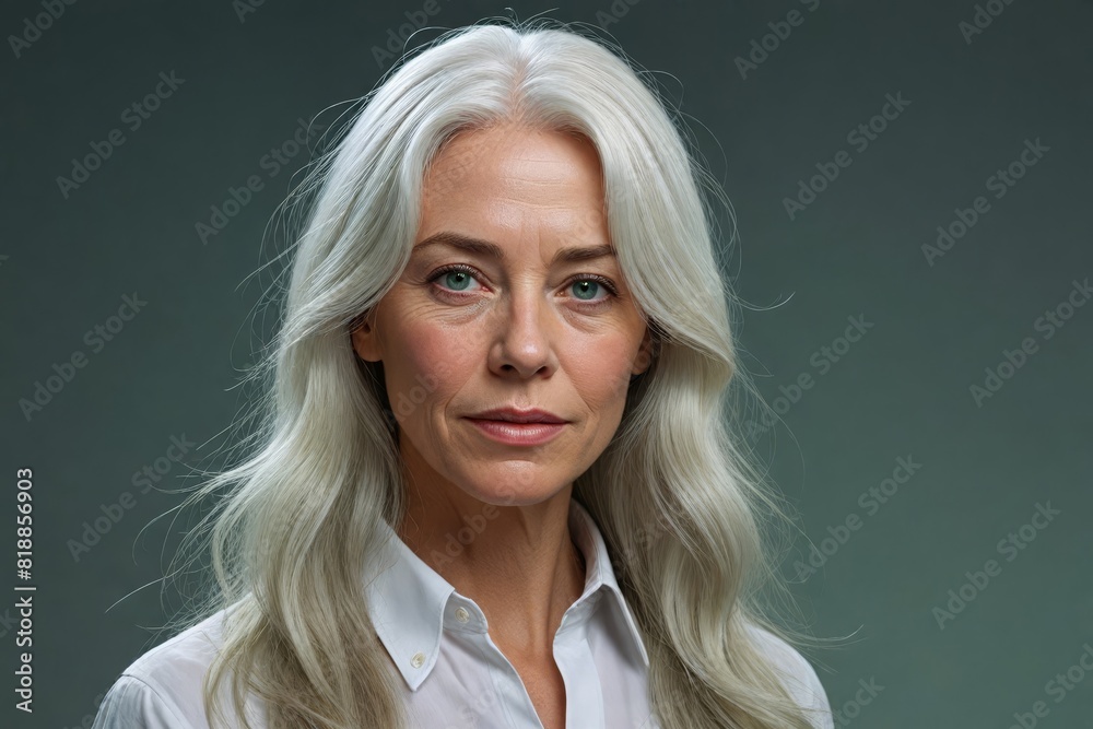 Half-length portrait of a 60-year-old confident and smiling classy female with white hair and green eyes Half-length portrait of a 60-year-old confident and smiling classy female with white hair and green eyes