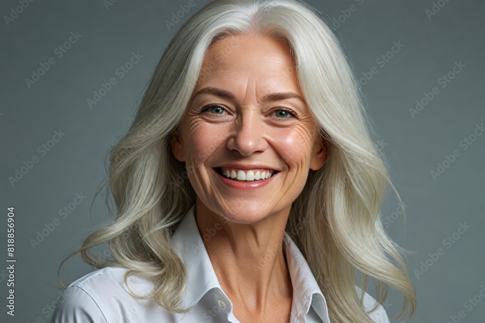 Half-length portrait of a 60-year-old confident and smiling classy female with white hair and green eyes Half-length portrait of a 60-year-old confident and smiling classy female with white hair and green eyes
