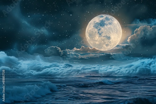 Full moon rising over the tranquil sea at night with fluffy clouds  peaceful ocean view