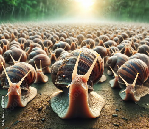 Snail army in the forest, new food protein photo
