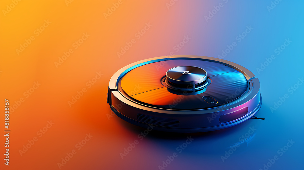A futuristic 3D robotic vacuum on a gradient backdrop from orange to blue A futuristic 3D robotic vacuum on a gradient backdrop from orange to blue