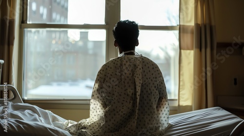 Person in a hospital gown sitting alone on a bed, gazing out a window photo