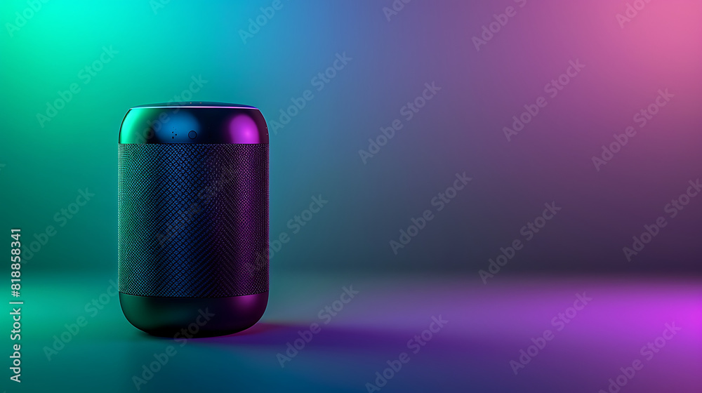 3D smart speaker with voice assistant on a gradient background blending shades of green and purple