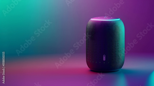 3D smart speaker with voice assistant on a gradient background blending shades of green and purple