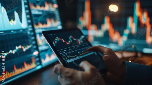 Financial advisor explaining stock market trends using a digital graph on a tablet photo
