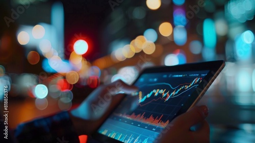 Financial advisor explaining stock market trends using a digital graph on a tablet photo