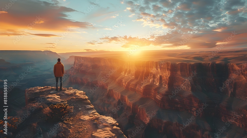 Traveler Stands on Cliff Overlooking Vast Canyon at Sunrise Capturing the Essence of Adventure and Traveler Stands on Cliff Overlooking Vast Canyon at Sunrise Capturing the Essence of Adventure and
