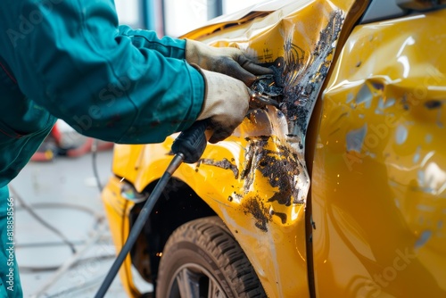 Professional auto body welding service - expert yellow car repair after accident