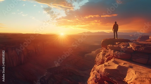 Traveler Standing on Cliff Overlooking Vast Canyon at Sunrise