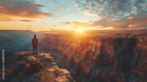 Traveler Stands on Cliff Overlooking Vast Canyon at Sunrise Capturing the Essence of Adventure and © Thares2020