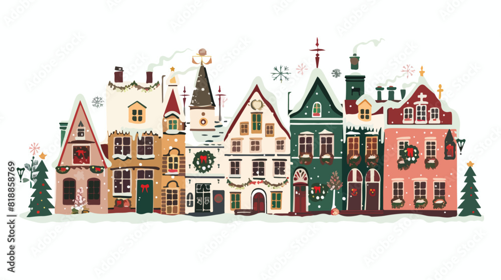Town buildings exteriors decorated with festive Chris