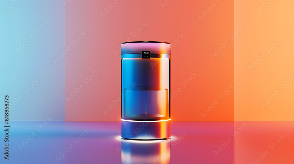 A sleek 3D smart kitchen appliance on a gradient backdrop from orange to blue A sleek 3D smart kitchen appliance on a gradient backdrop from orange to blue