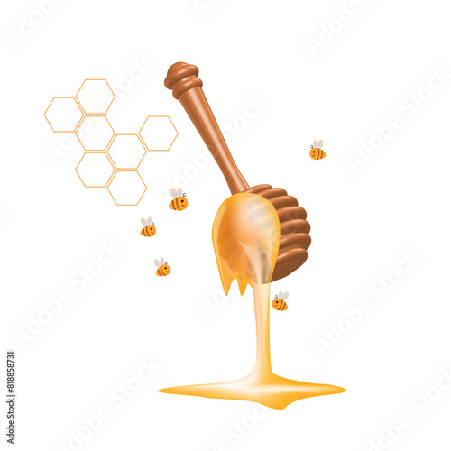 vector wooden 3D spoon for honey. honey flows from the spoon and bees fly around. wooden honey stick