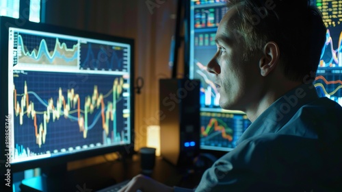 Financial analyst studying gold price charts on a computer screen in an office