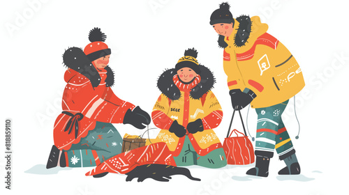 Traditional Eskimo family during animal skin treatmen