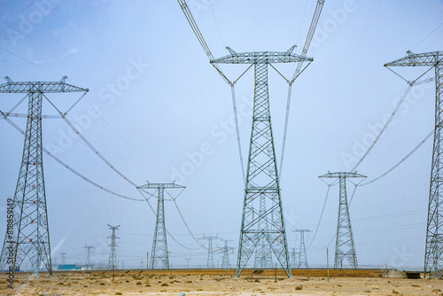 Jiuquan City, Gansu Province - Roads and power generation facilities in the Gobi Desert photo