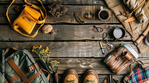 Flat lay of travel items for hiking tourism displayed on a wooden background
