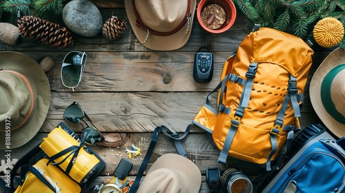 Flat lay of travel items for hiking tourism displayed on a wooden background