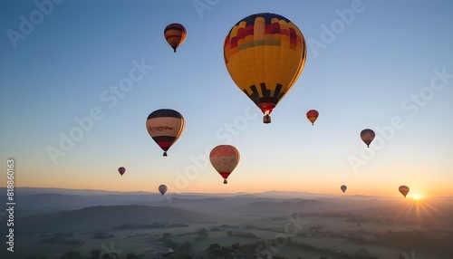 A group of hot air balloons ascending into a clear