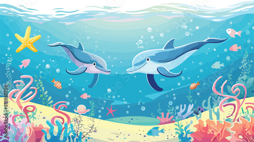 Underwater life of two cute dolphins in sea or ocean.