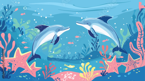 Underwater life of two cute dolphins in sea or ocean.