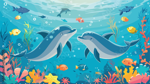 Underwater life of two cute dolphins in sea or ocean.